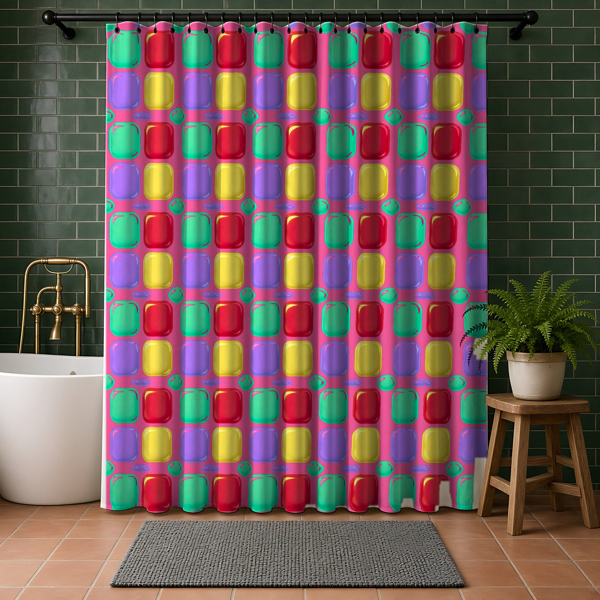 Giant Puffy Glass Cushions Shower Curtain in a bathroom with dark green tiles
