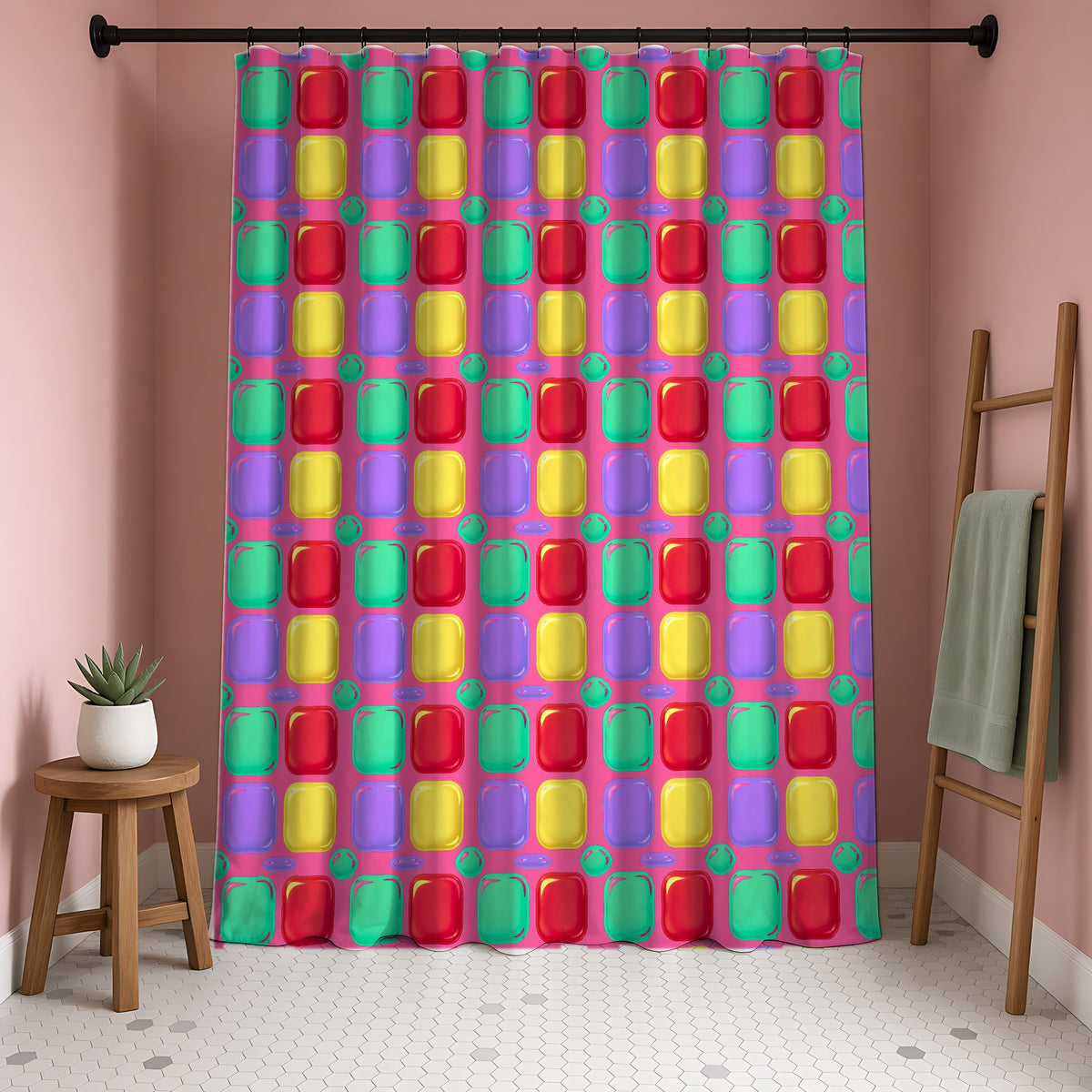 Giant Puffy Glass Cushions Shower Curtain in a blush-pink bathroom