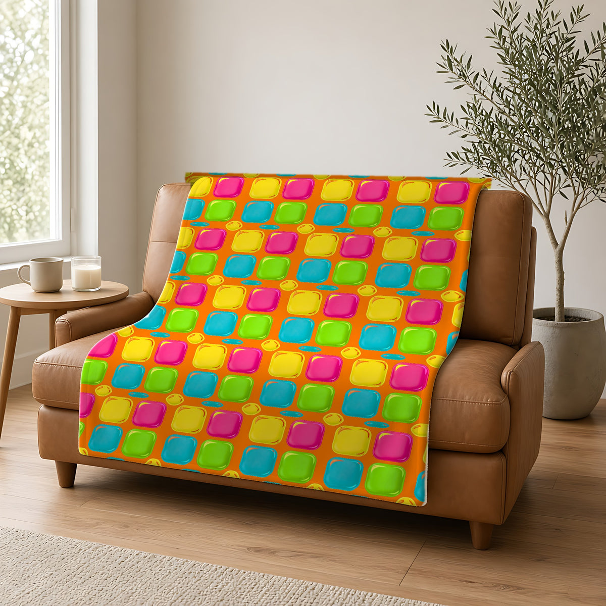Giant Puffy Glass Cushions Sherpa Fleece Blanket draped over a caramel leather sofa