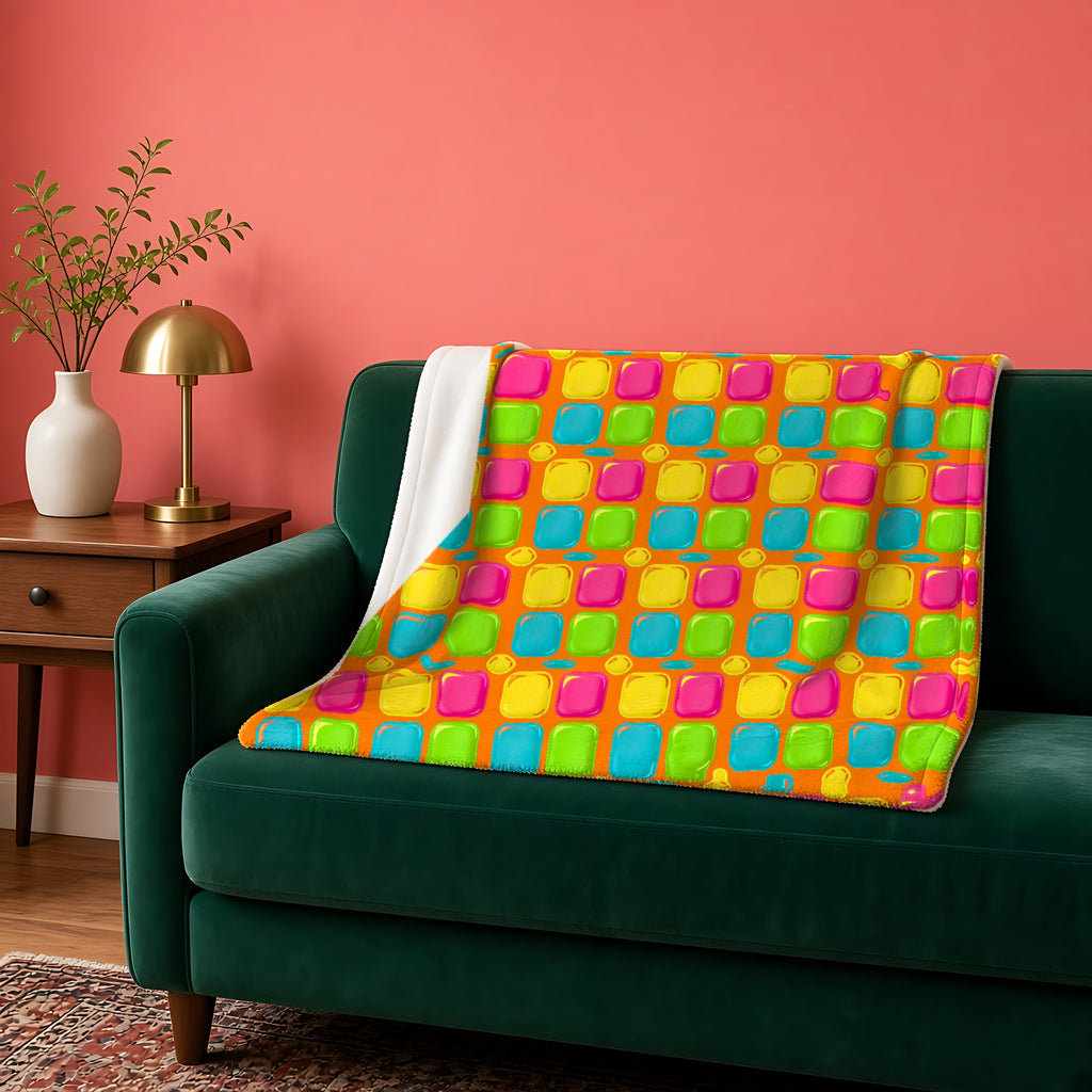 Giant Puffy Glass Cushions Sherpa Fleece Blanket in the Hot Citrus Festive palette, draped over a green sofa against a coral wall