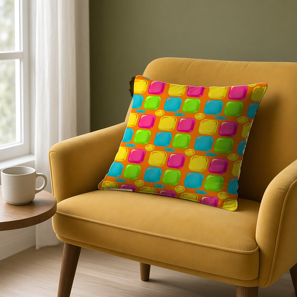 Giant Puffy Glass Cushions Faux Suede Cushion on a mustard armchair by a window