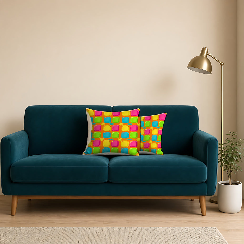 Giant Puffy Glass Cushions Faux Suede Cushion on a teal velvet sofa