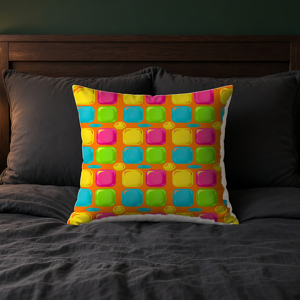 Giant Puffy Glass Cushions Faux Suede Cushion on a bed with charcoal bedding