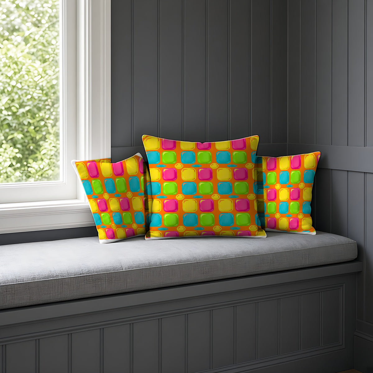 Giant Puffy Glass Cushions Faux Suede Cushion on a window seat