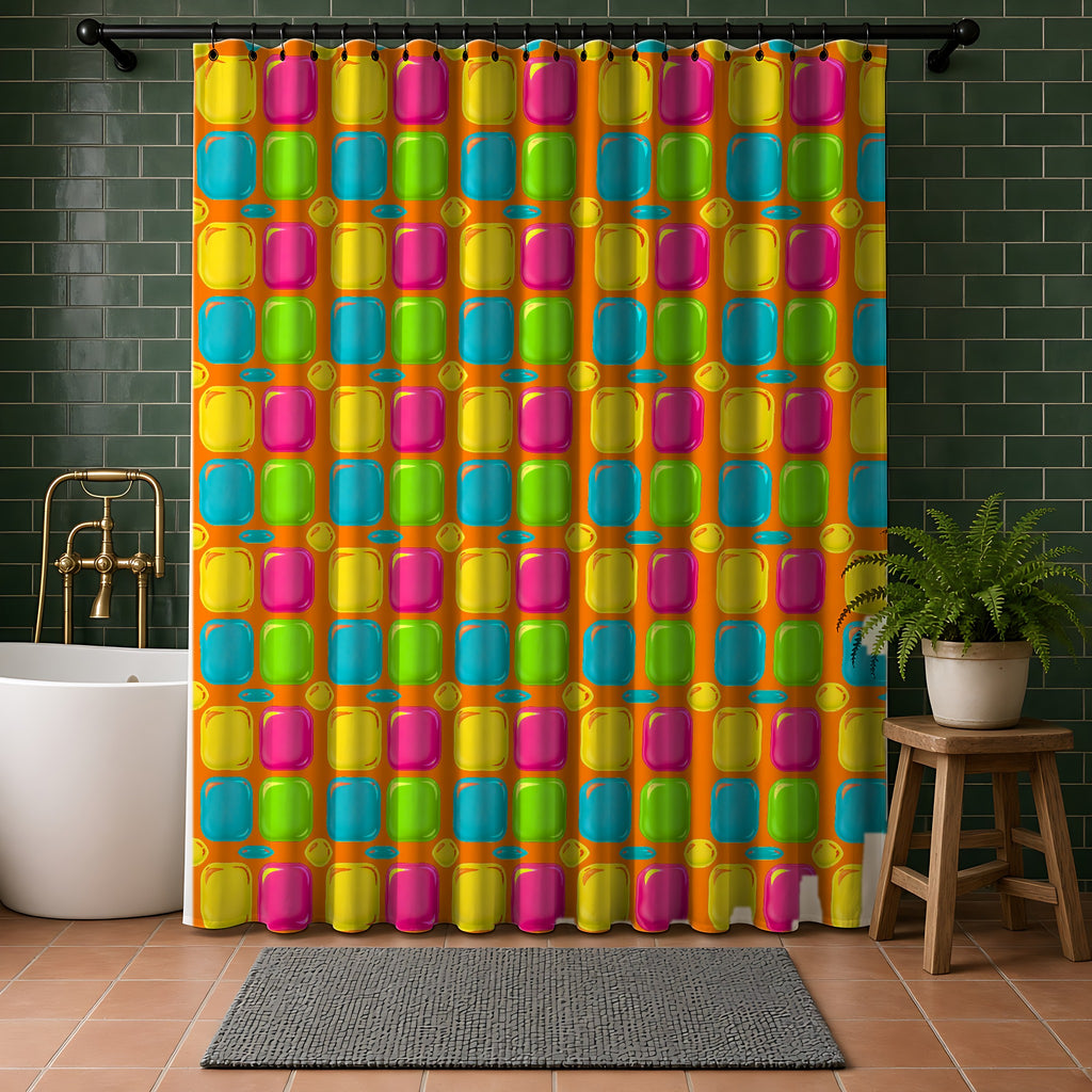 Giant Puffy Glass Cushions Shower Curtain in a bathroom with dark green tiles