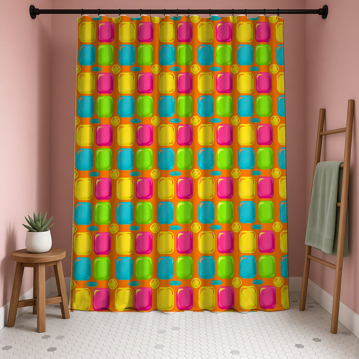 Giant Puffy Glass Cushions Shower Curtain in a blush-pink bathroom