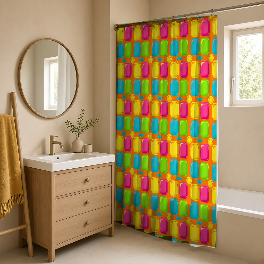 Giant Puffy Glass Cushions Shower Curtain in a warm neutral bathroom with an oak vanity