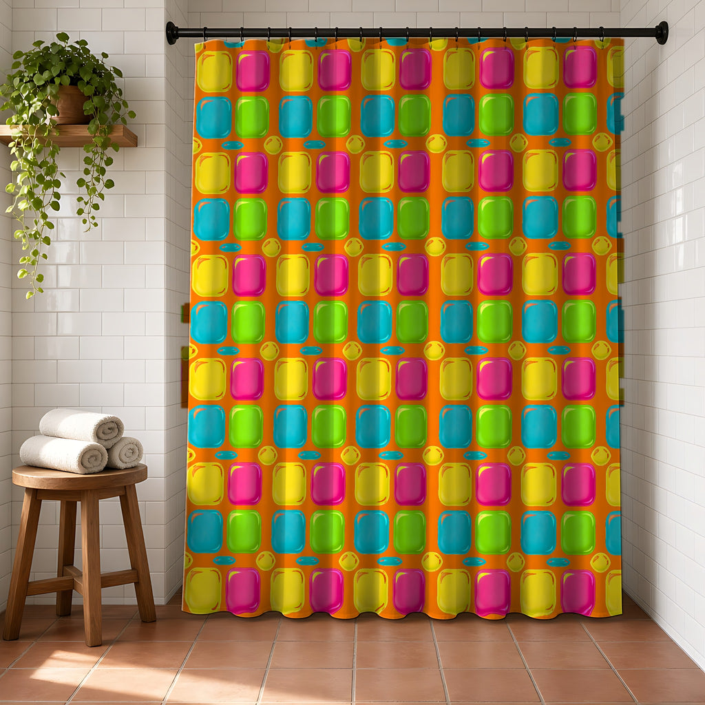Giant Puffy Glass Cushions Shower Curtain in a bright bathroom with white tiles and a terracotta floor