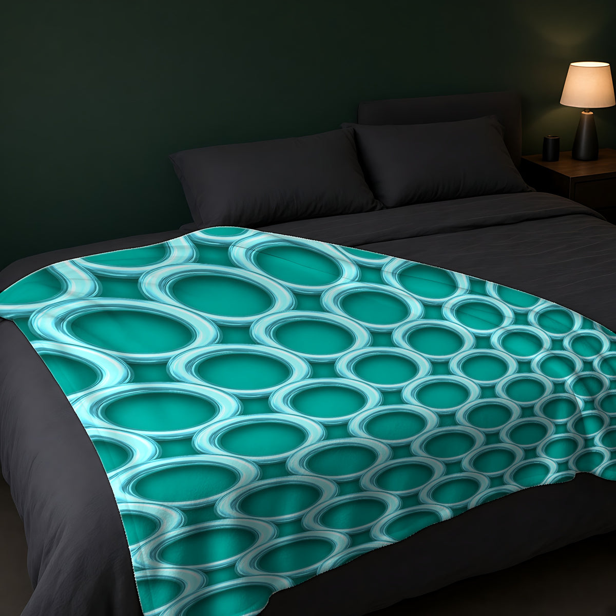 Big Ring Weave Sherpa Fleece Blanket across the foot of a dark bed