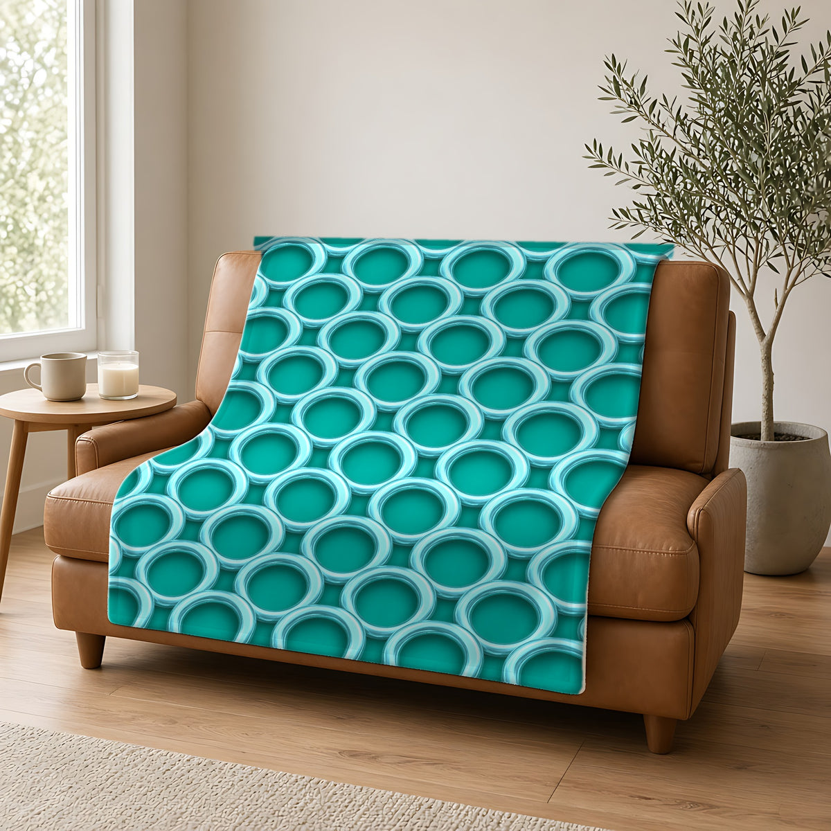Big Ring Weave Sherpa Fleece Blanket draped over a caramel leather sofa