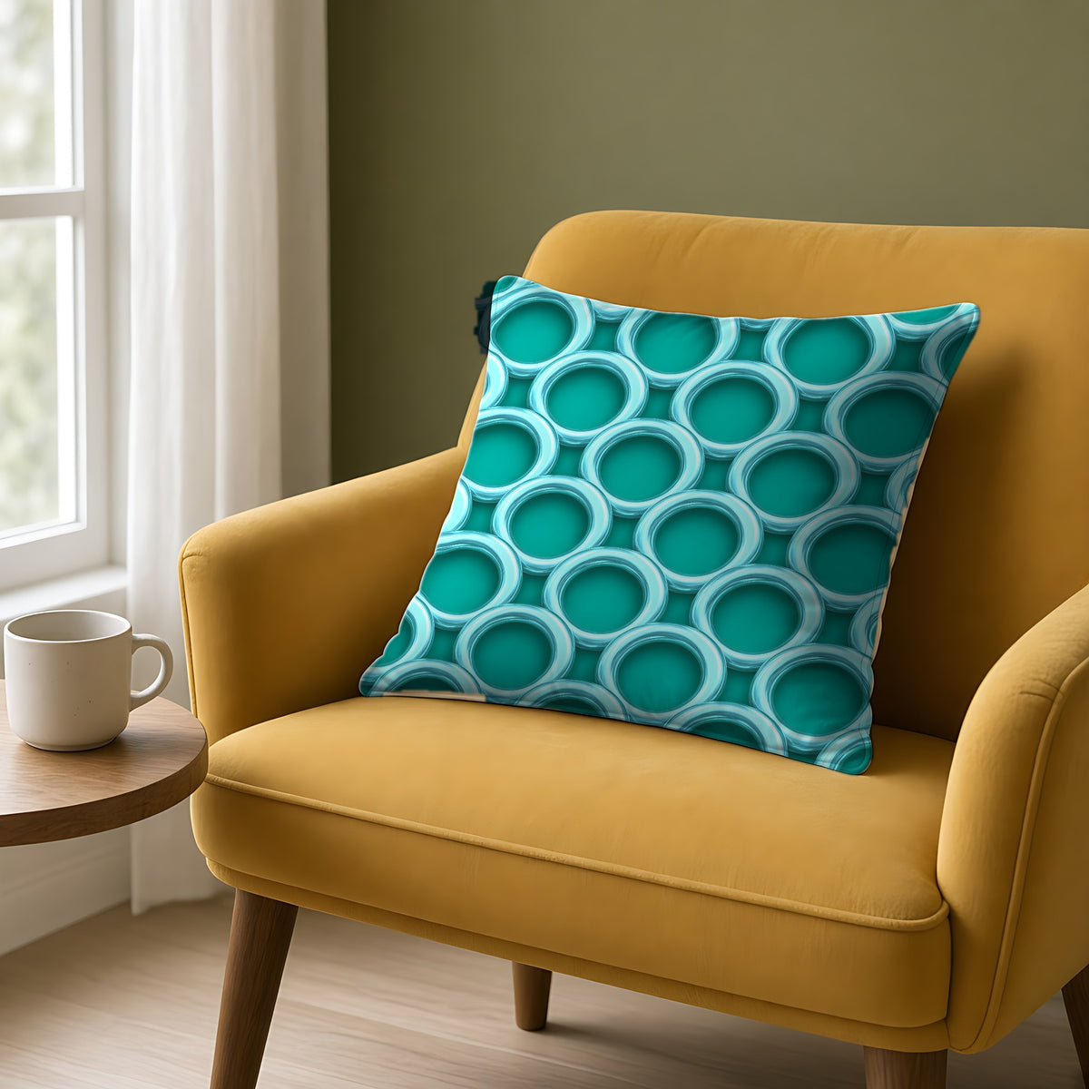 Big Ring Weave Faux Suede Cushion on a mustard armchair by a window