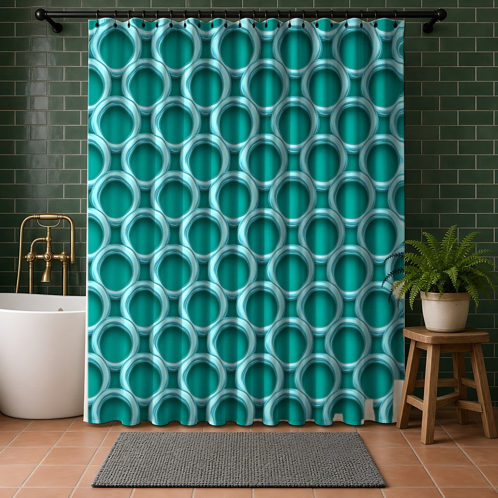 Big Ring Weave Shower Curtain in a bathroom with dark green tiles