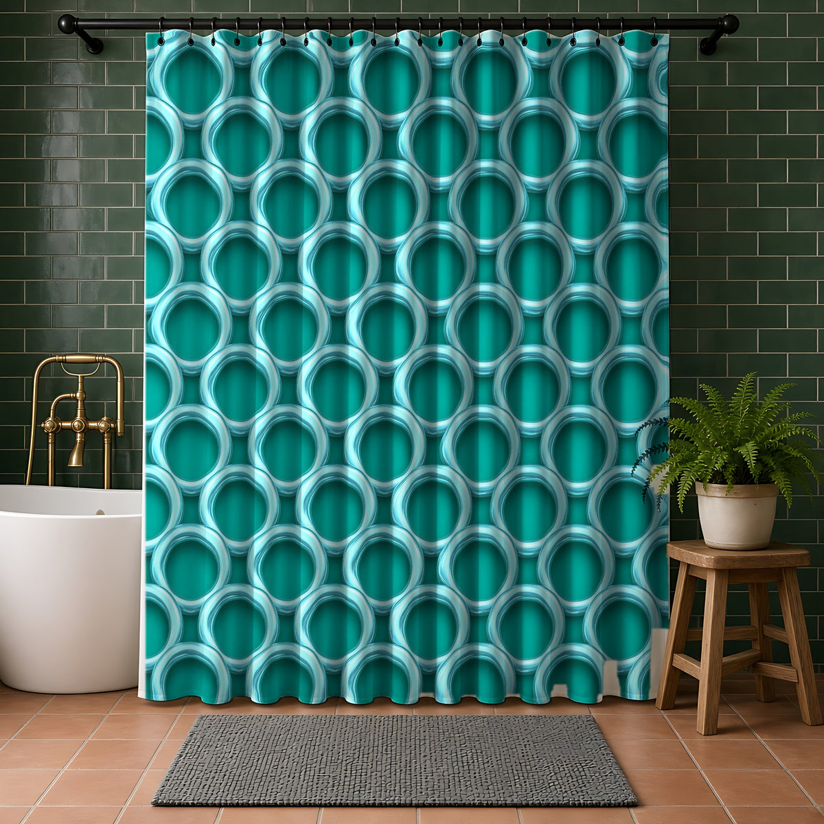 Big Ring Weave Shower Curtain in a bathroom with dark green tiles