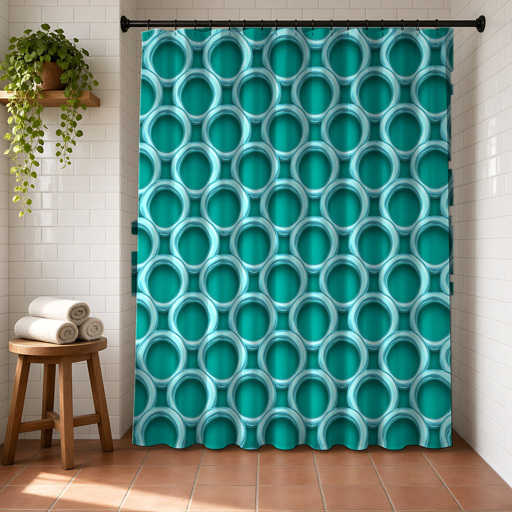 Big Ring Weave Shower Curtain in a bright bathroom with white tiles and a terracotta floor