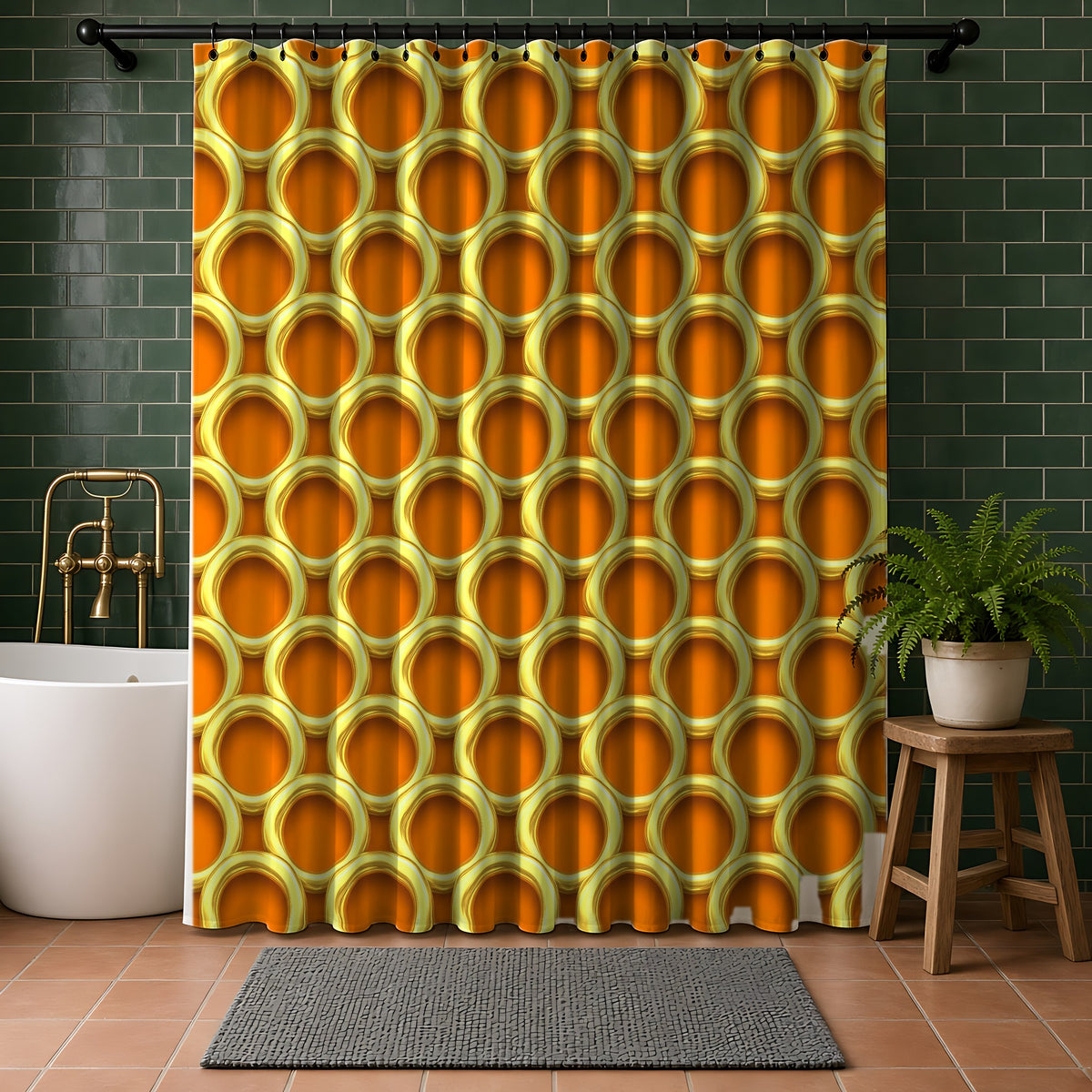 Big Gold Ring Weave Shower Curtain in a bathroom with dark green tiles