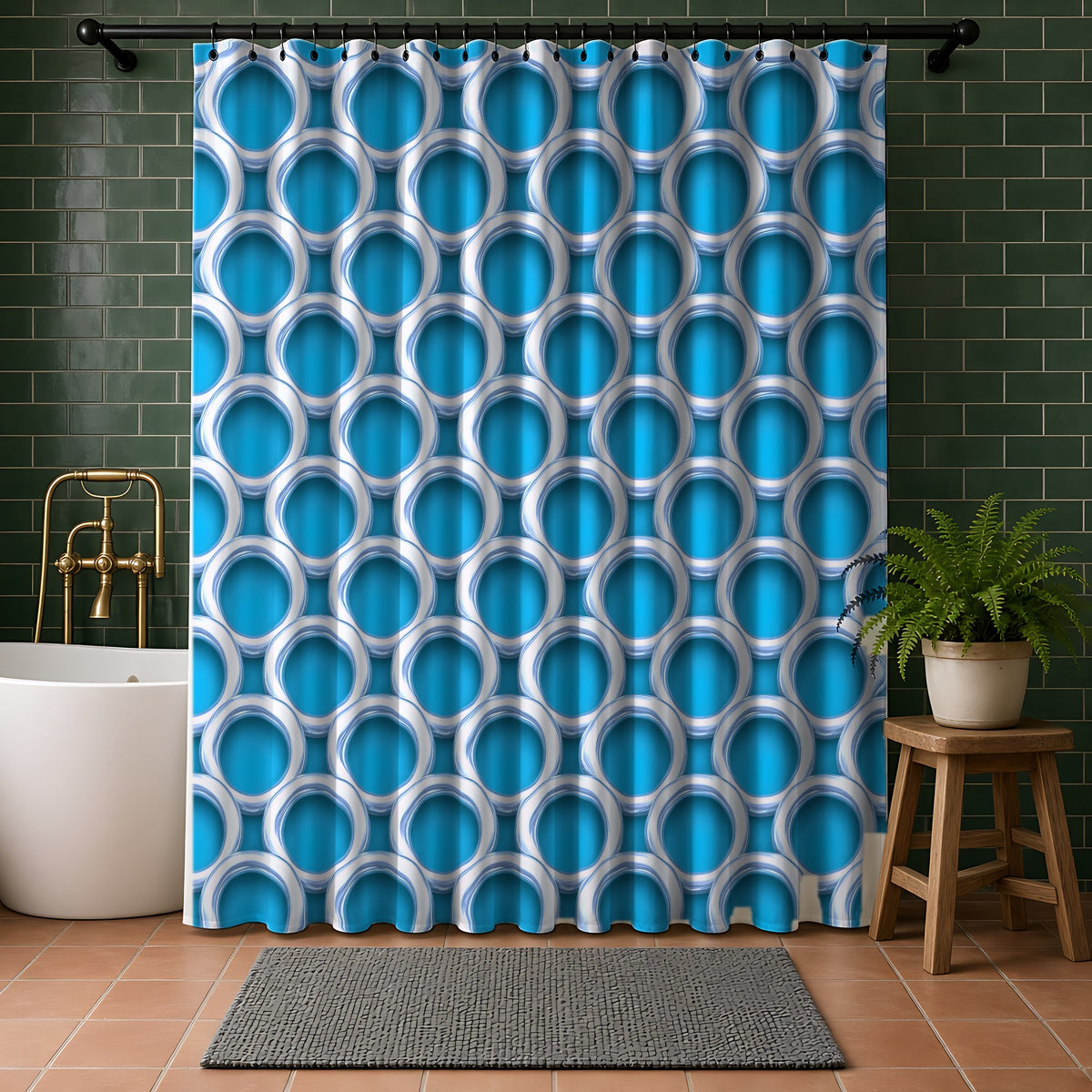 Big Silver Ring Weave Shower Curtain in a bathroom with dark green tiles