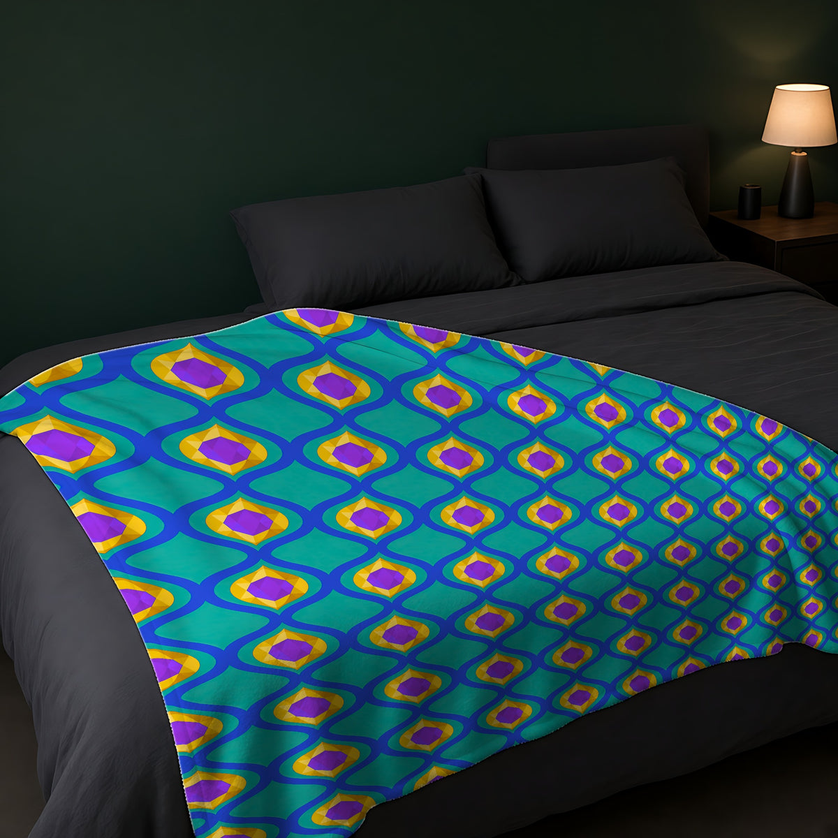 Grand Gold Ogee Lattice II Sherpa Fleece Blanket across the foot of a dark bed
