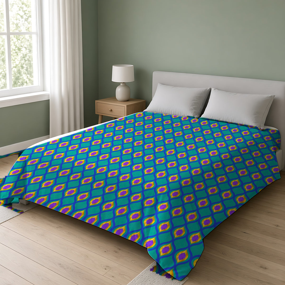 Grand Gold Ogee Lattice II Comforter on a double bed in a bright sage-green bedroom
