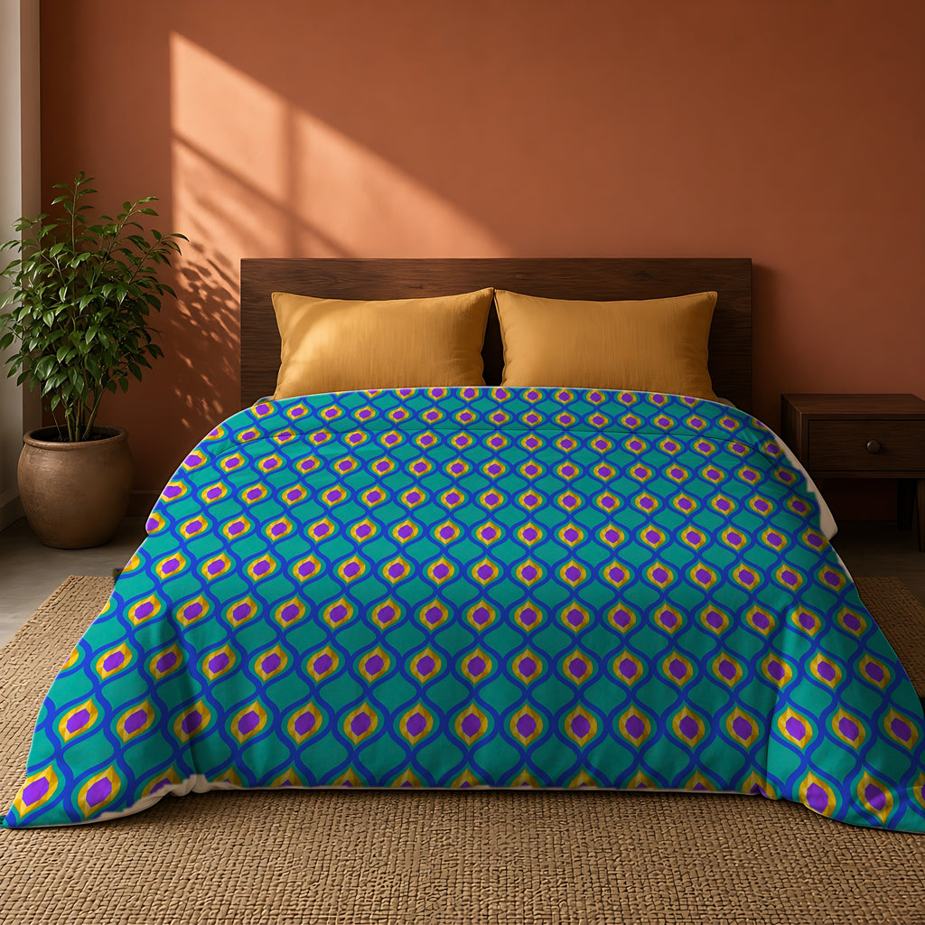 Grand Gold Ogee Lattice II Cotton Duvet Cover on a king bed against a warm terracotta wall