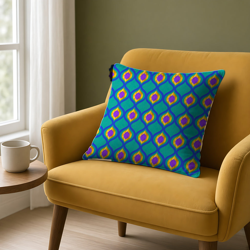 Grand Gold Ogee Lattice II Faux Suede Cushion on a mustard armchair by a window