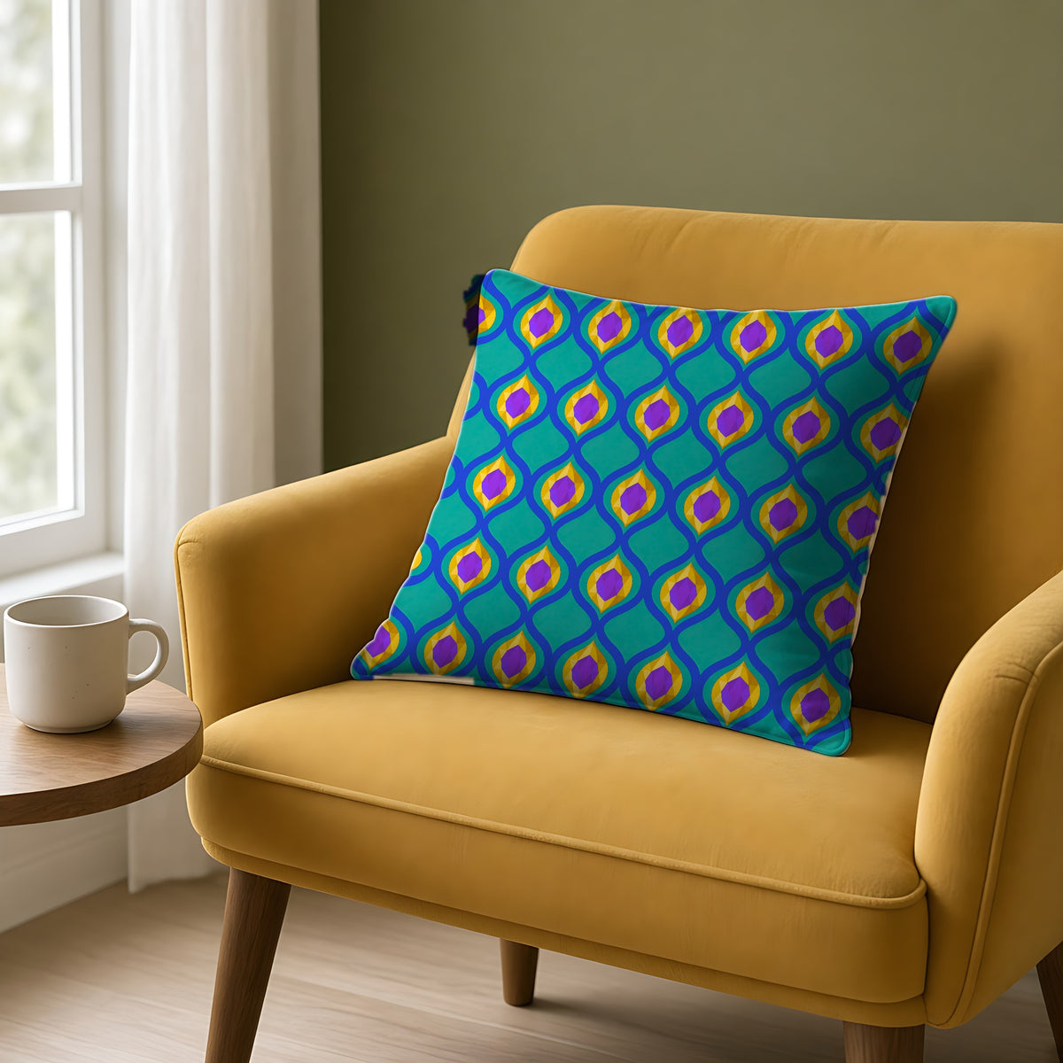 Grand Gold Ogee Lattice II Faux Suede Cushion on a mustard armchair by a window