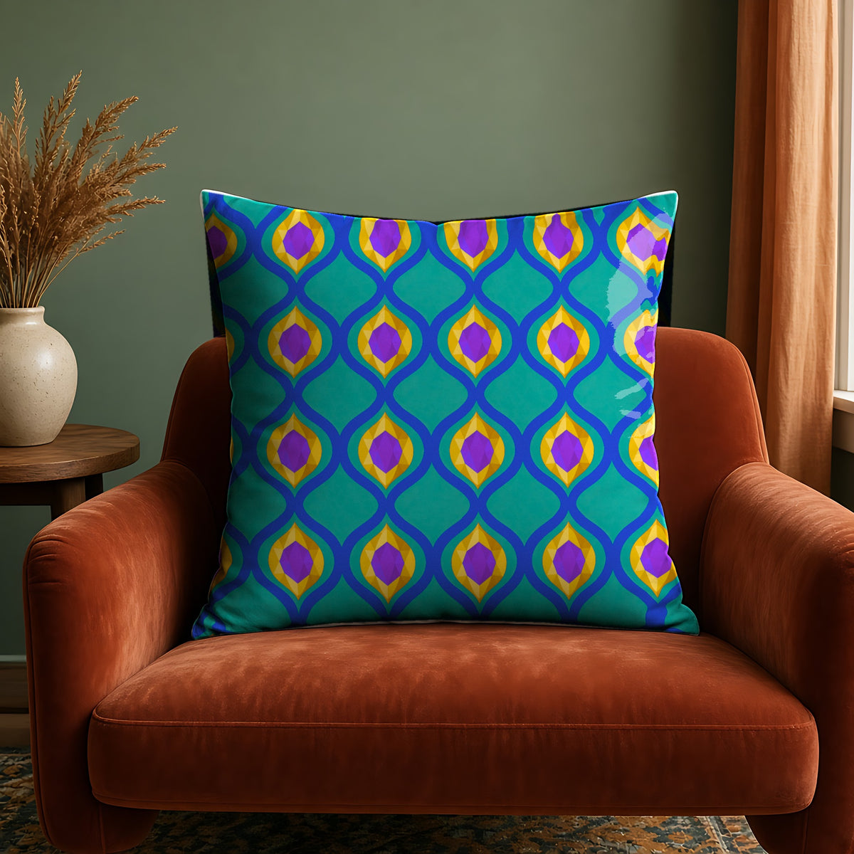 Grand Gold Ogee Lattice II Faux Suede Cushion in the Peacock Jewel palette, on a rust velvet armchair against a sage wall