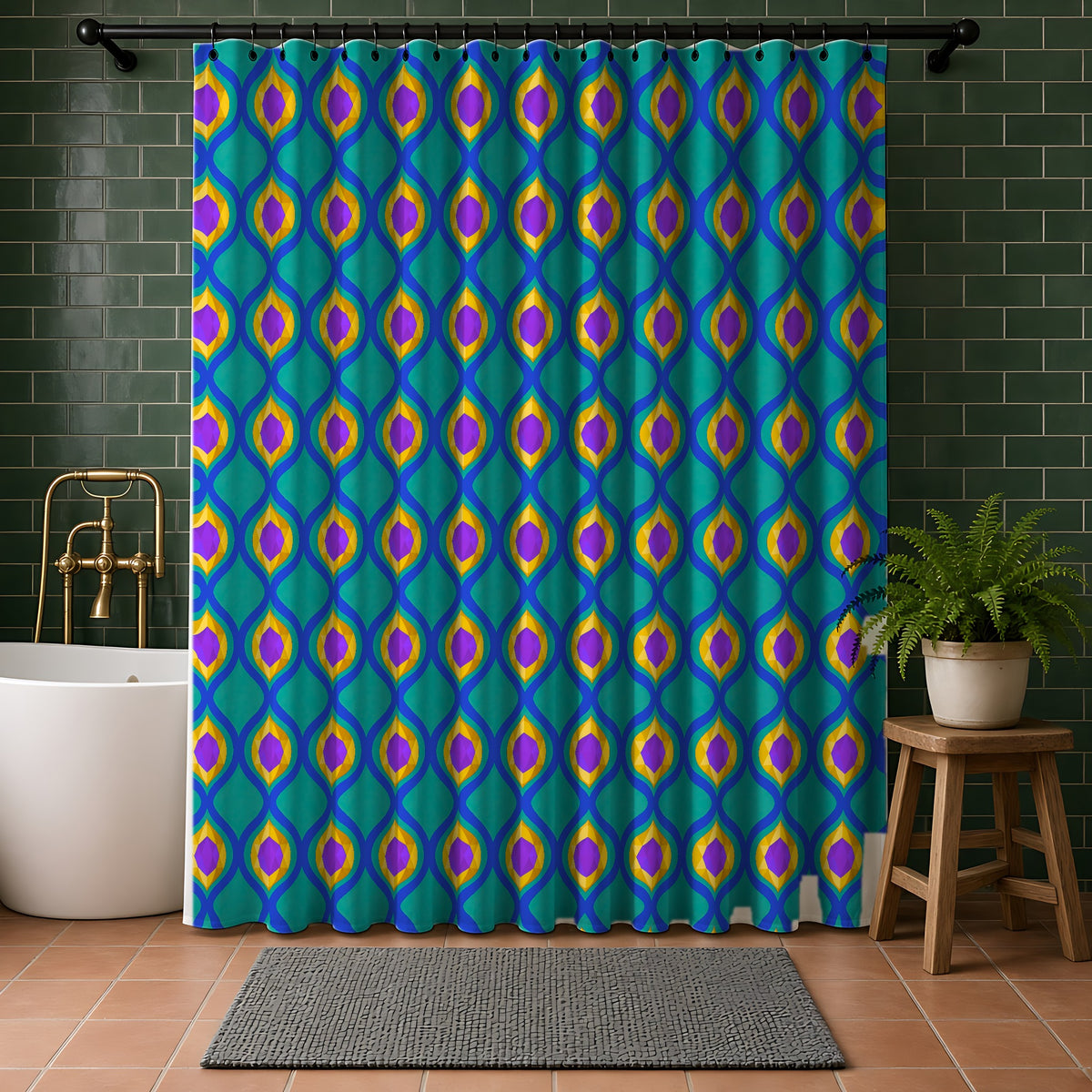 Grand Gold Ogee Lattice II Shower Curtain in a bathroom with dark green tiles