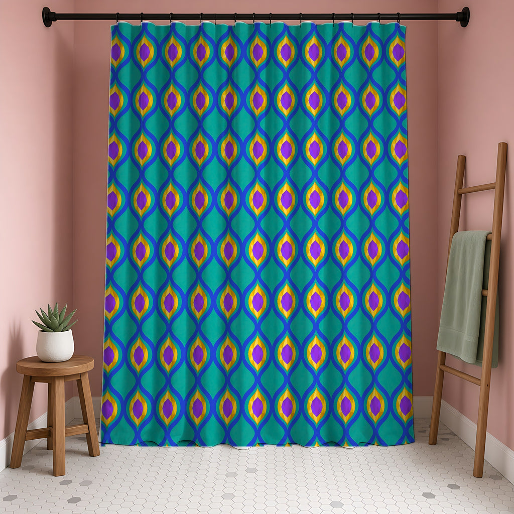 Grand Gold Ogee Lattice II Shower Curtain in a blush-pink bathroom