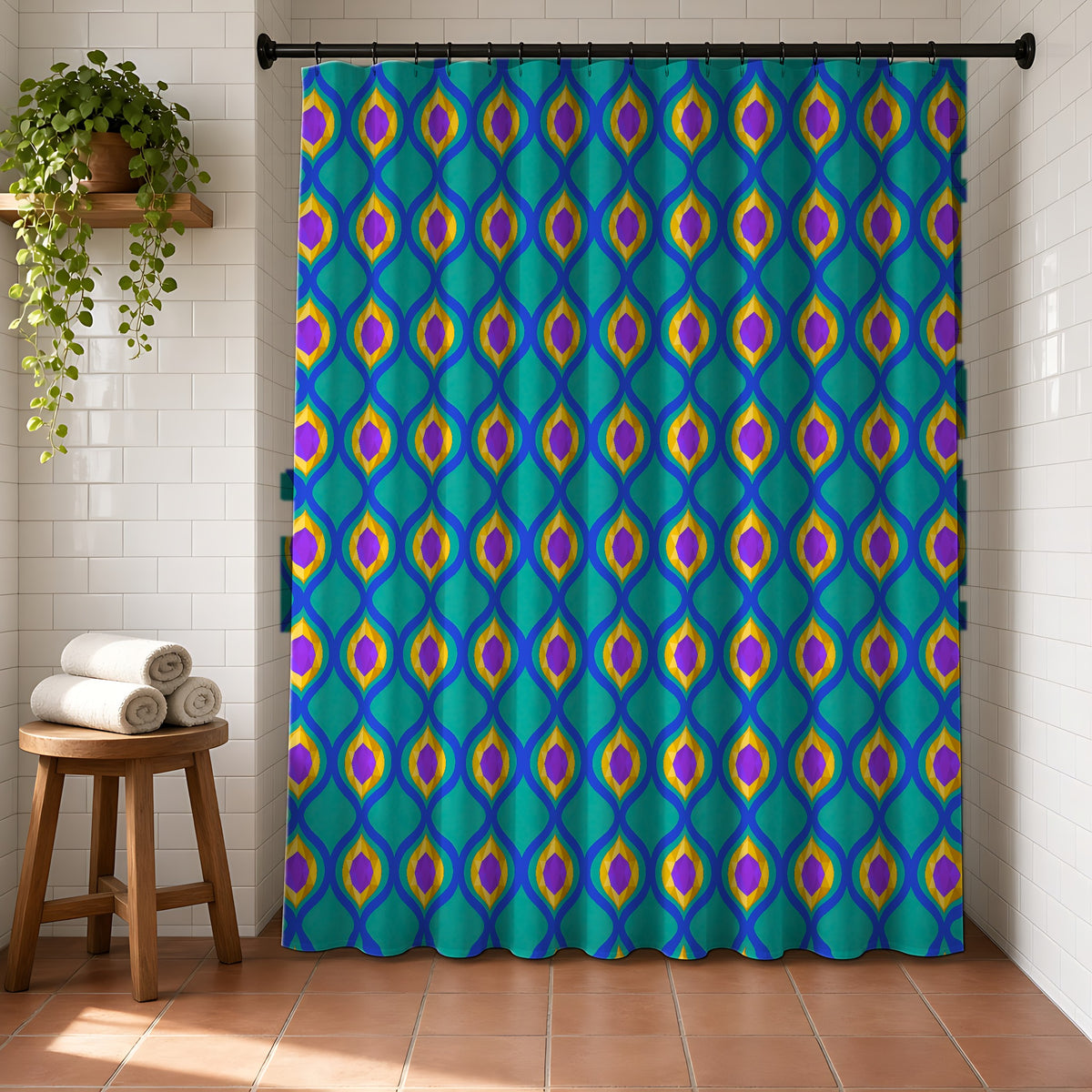 Grand Gold Ogee Lattice II Shower Curtain in a bright bathroom with white tiles and a terracotta floor