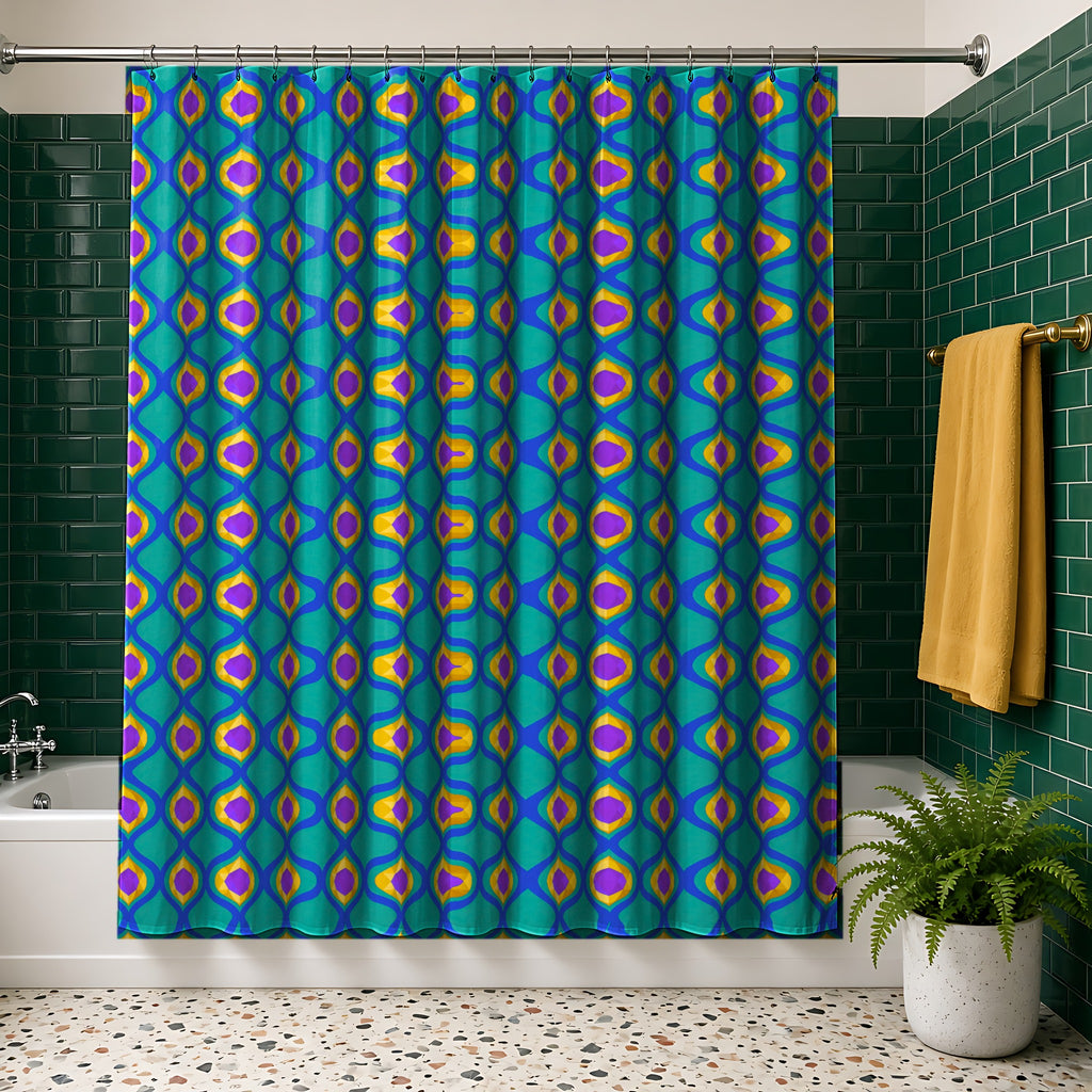 Grand Gold Ogee Lattice II Shower Curtain in the Peacock Jewel palette, hanging in a bathroom with emerald tiles