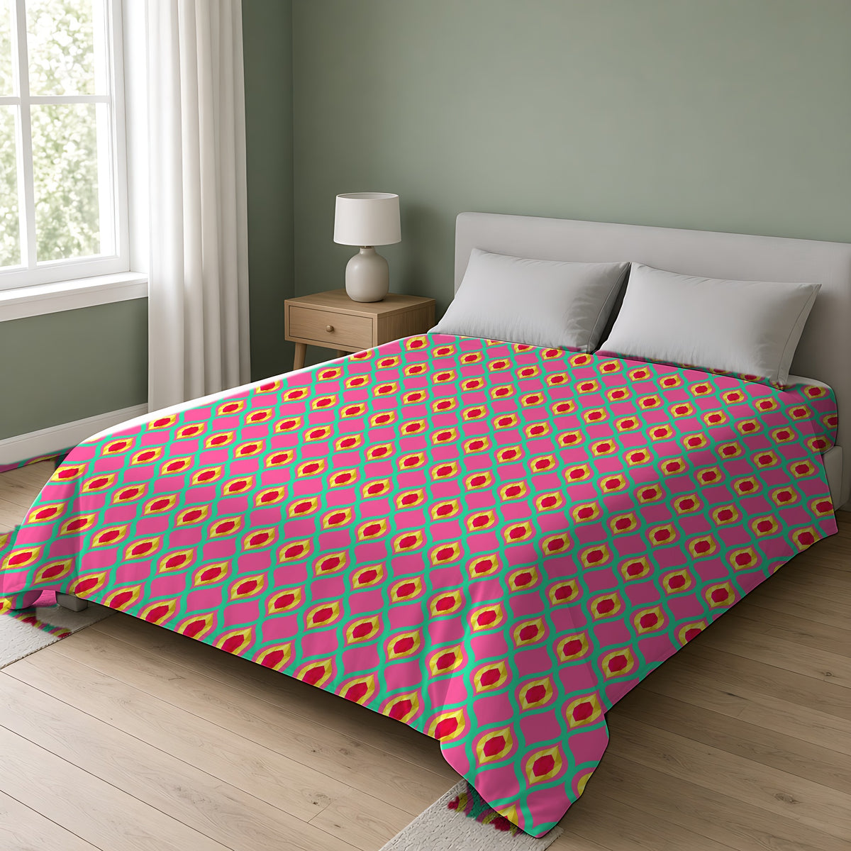 Grand Gold Ogee Lattice II Cotton Duvet Cover on a double bed in a bright sage-green bedroom