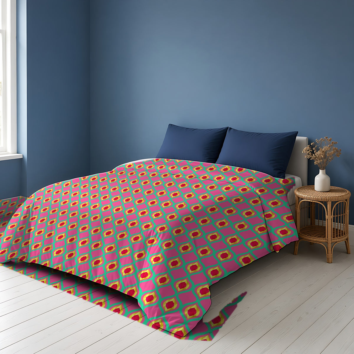 Grand Gold Ogee Lattice II Cotton Duvet Cover on a bed in a Scandinavian blue bedroom