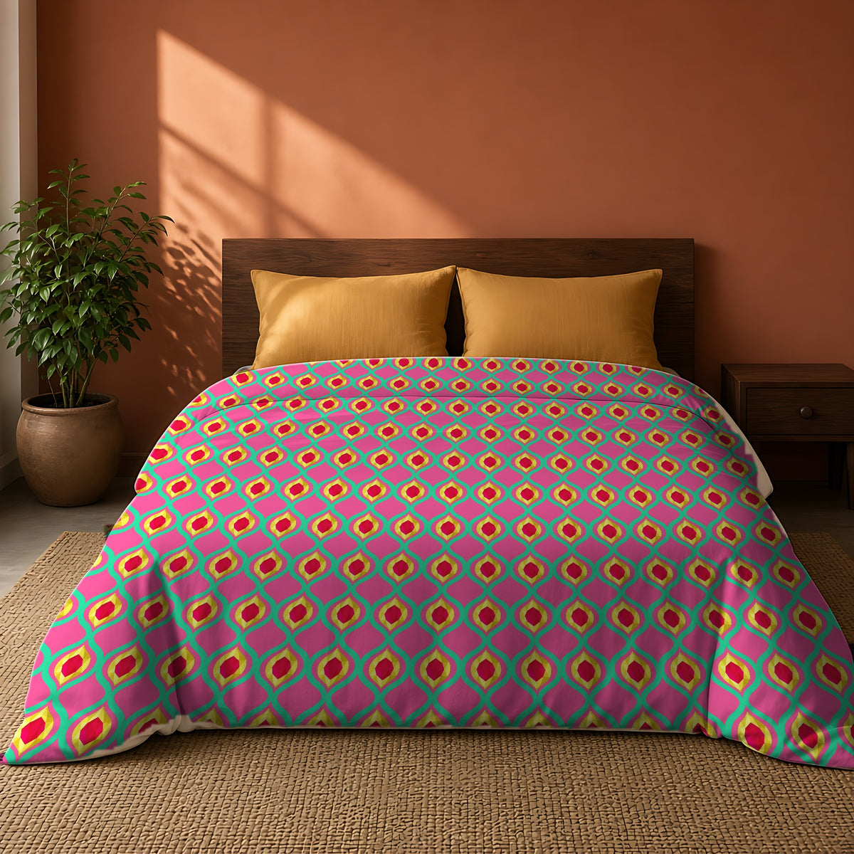 Grand Gold Ogee Lattice II Cotton Duvet Cover on a king bed against a warm terracotta wall