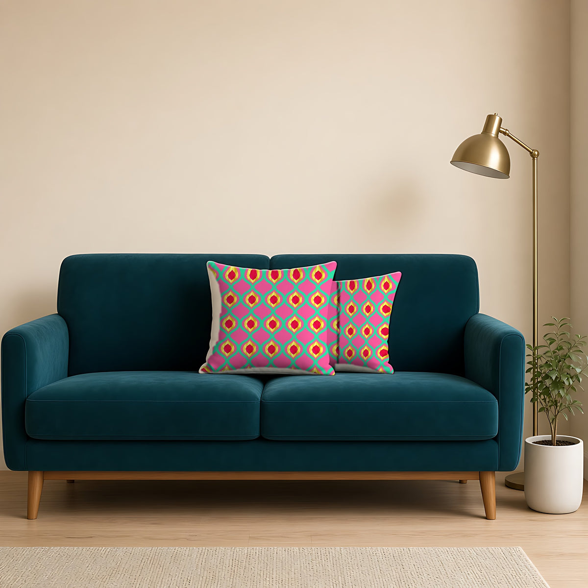 Grand Gold Ogee Lattice II Faux Suede Cushion on a teal velvet sofa