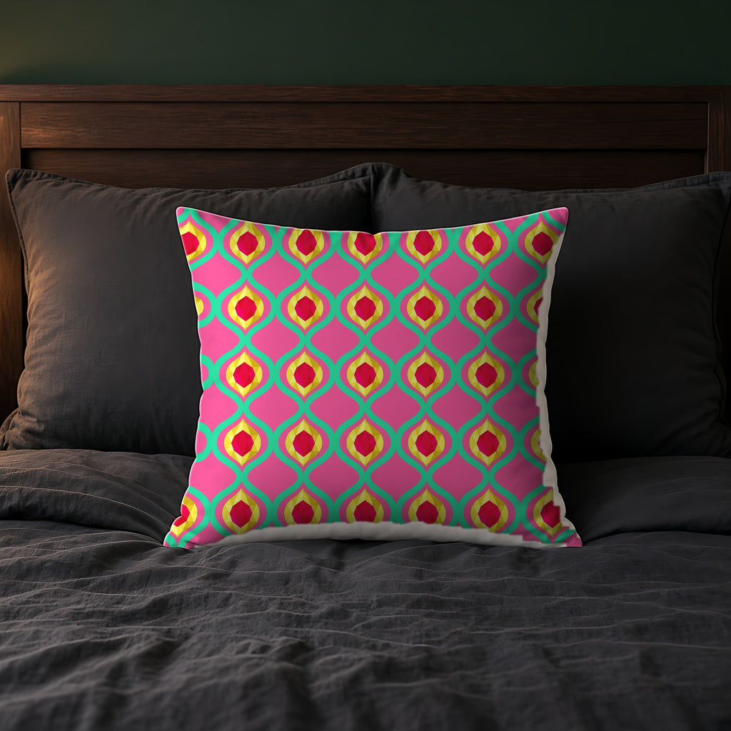 Grand Gold Ogee Lattice II Faux Suede Cushion on a bed with charcoal bedding