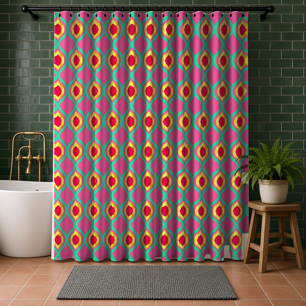 Grand Gold Ogee Lattice II Shower Curtain in a bathroom with dark green tiles
