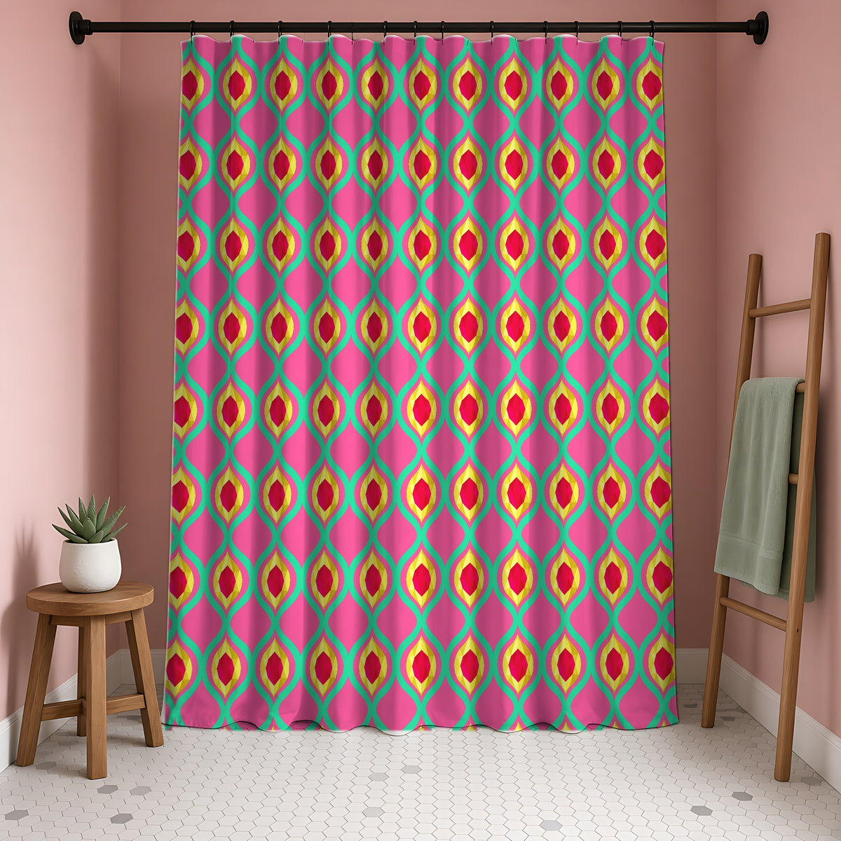 Grand Gold Ogee Lattice II Shower Curtain in a blush-pink bathroom