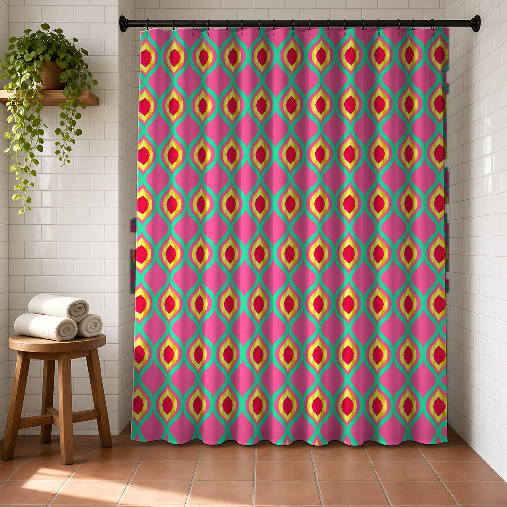 Grand Gold Ogee Lattice II Shower Curtain in a bright bathroom with white tiles and a terracotta floor