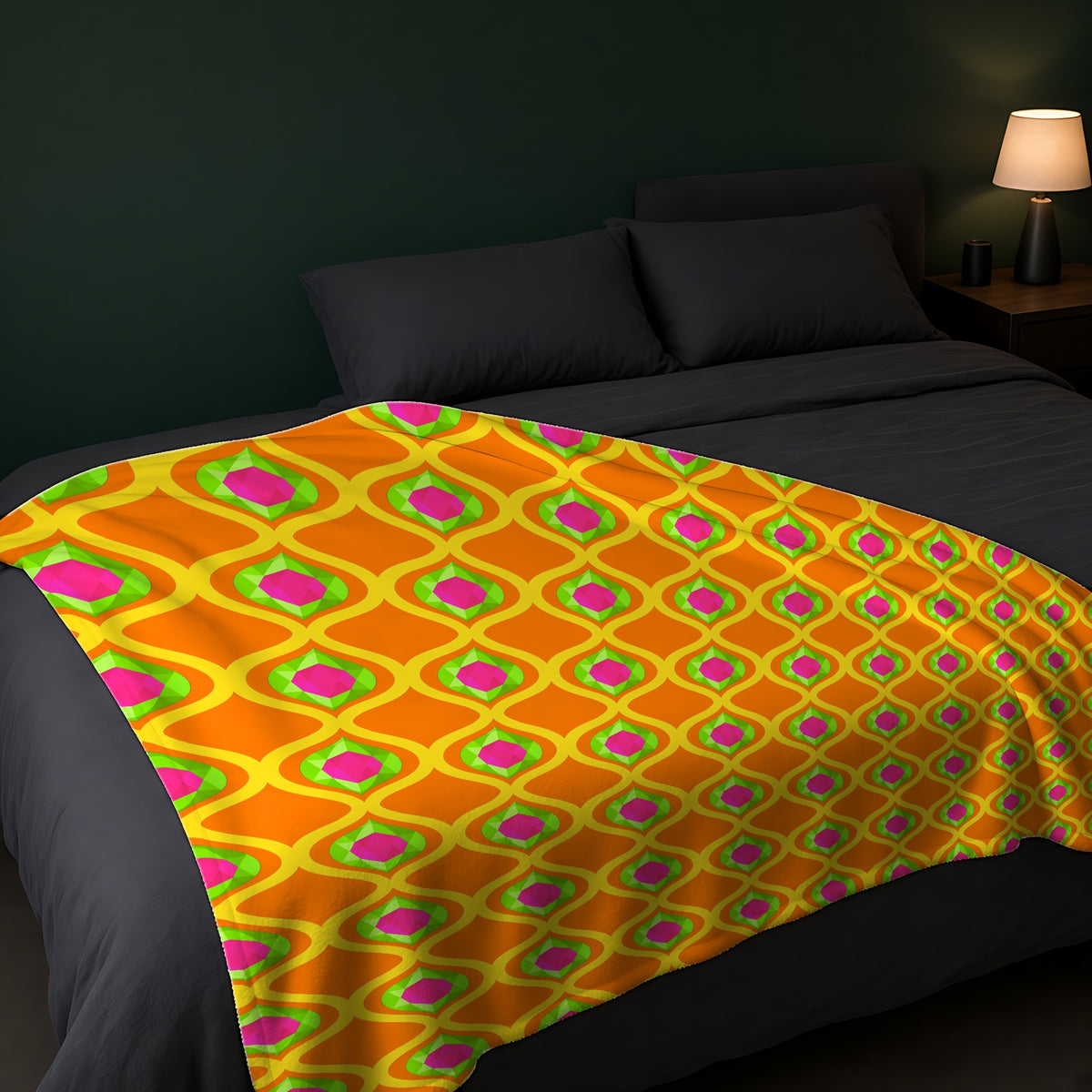 Grand Gold Ogee Lattice II Sherpa Fleece Blanket across the foot of a dark bed