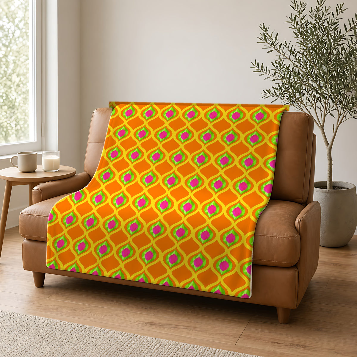 Grand Gold Ogee Lattice II Sherpa Fleece Blanket draped over a caramel leather sofa