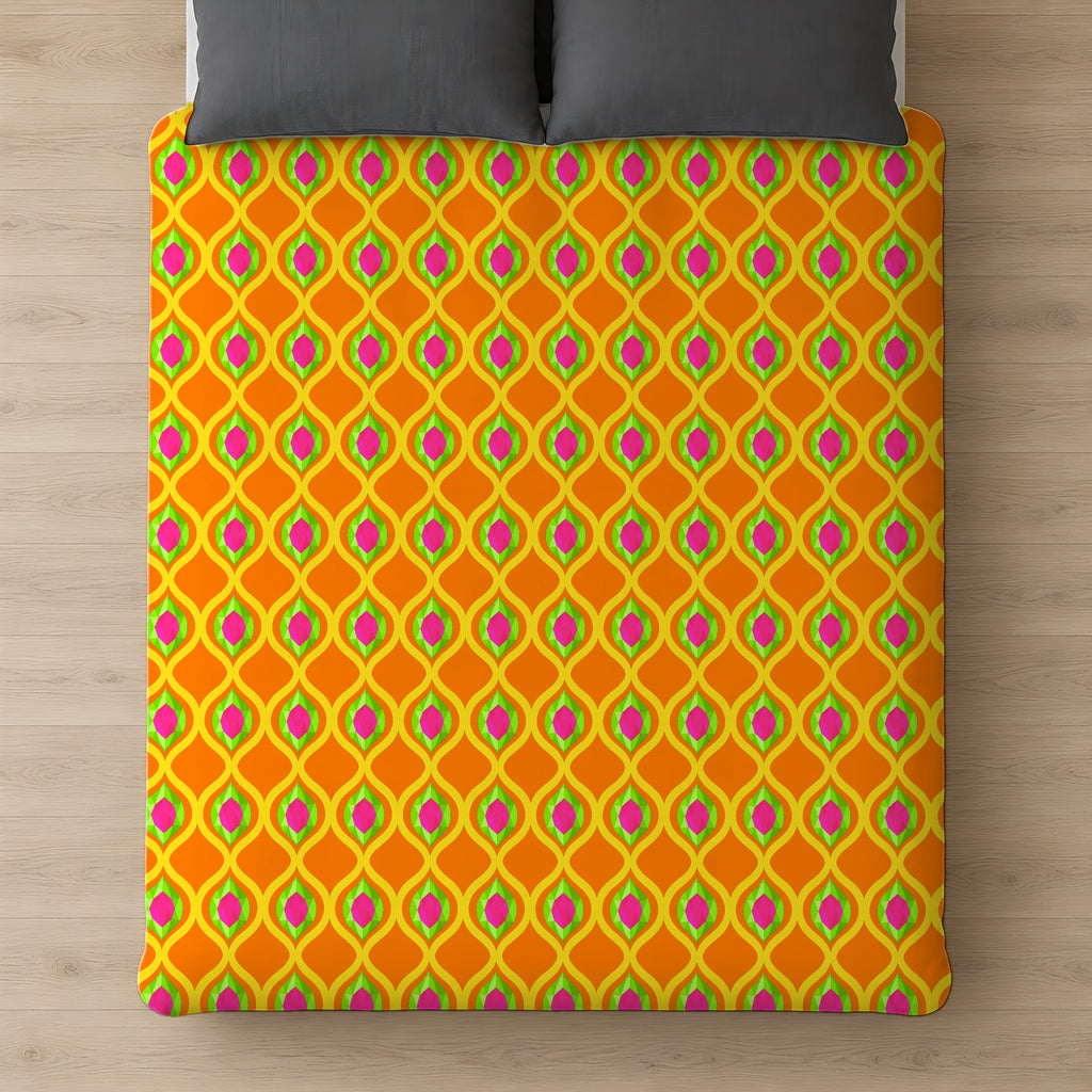 Grand Gold Ogee Lattice II Cotton Duvet Cover on a bed, seen from above
