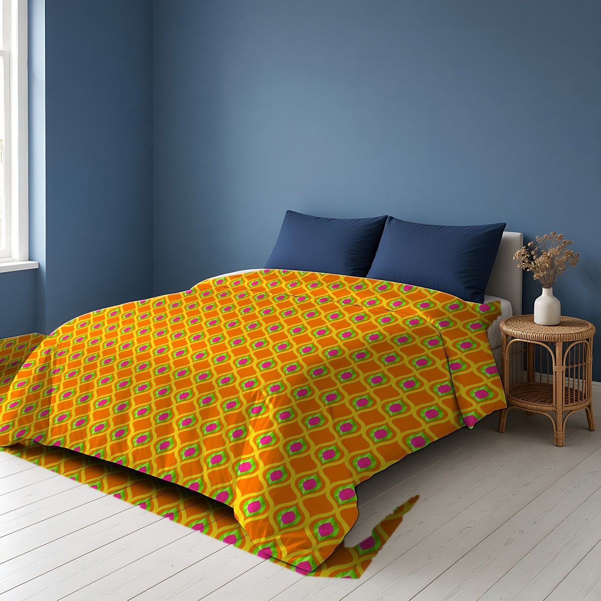 Grand Gold Ogee Lattice II Cotton Duvet Cover on a bed in a Scandinavian blue bedroom