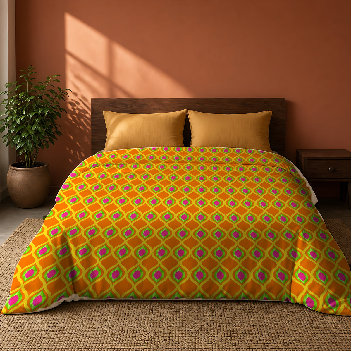 Grand Gold Ogee Lattice II Cotton Duvet Cover on a king bed against a warm terracotta wall