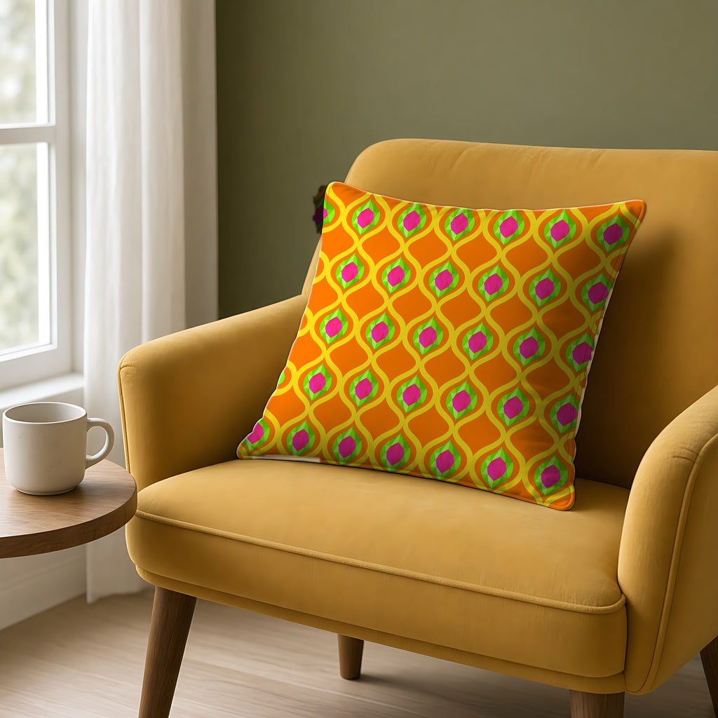 Grand Gold Ogee Lattice II Faux Suede Cushion on a mustard armchair by a window