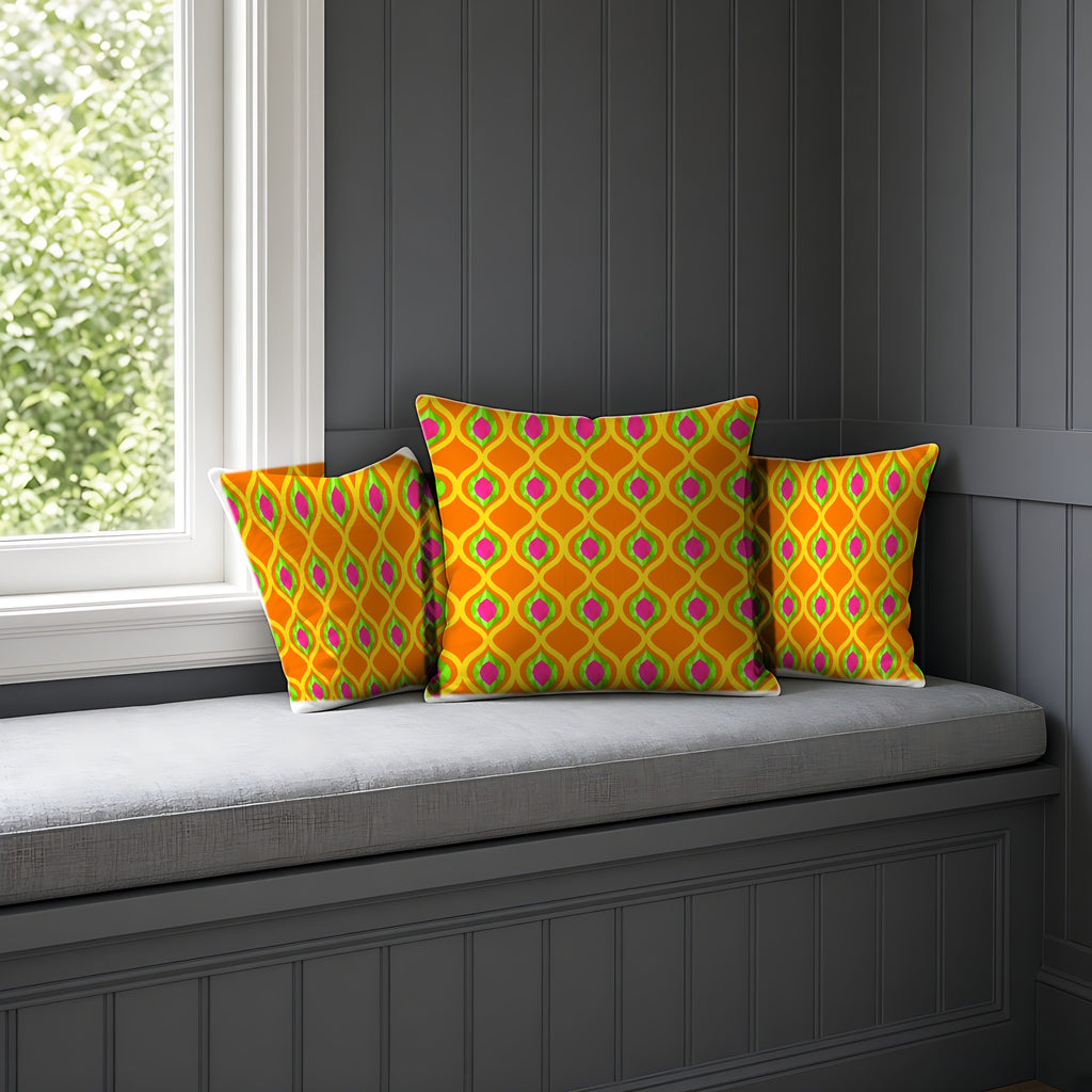 Grand Gold Ogee Lattice II Faux Suede Cushion on a window seat