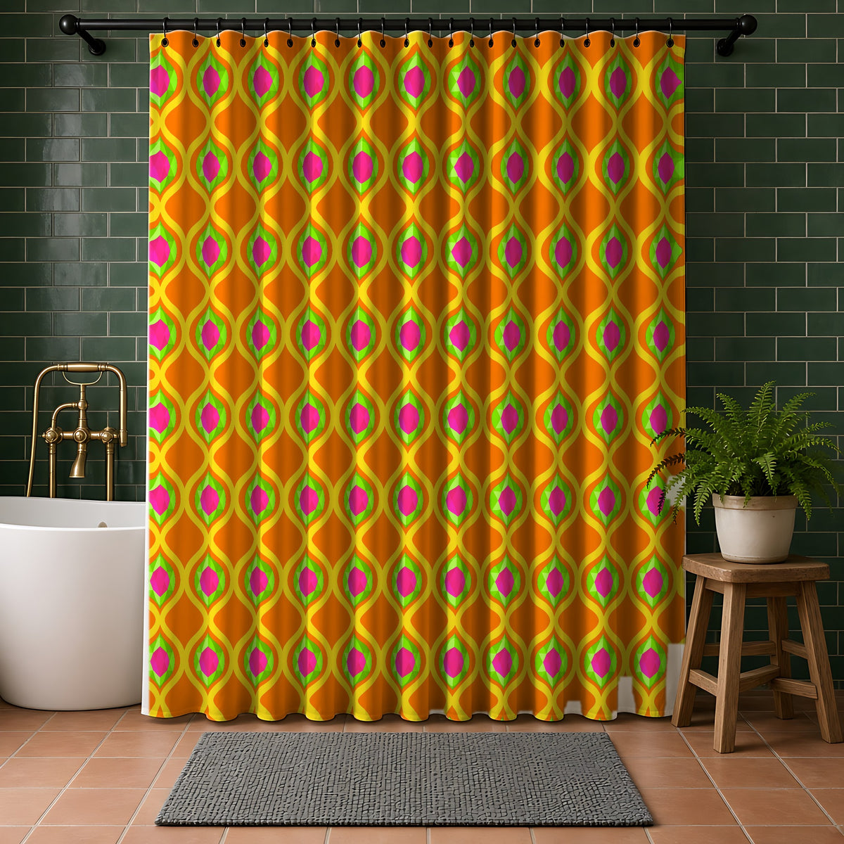 Grand Gold Ogee Lattice II Shower Curtain in a bathroom with dark green tiles