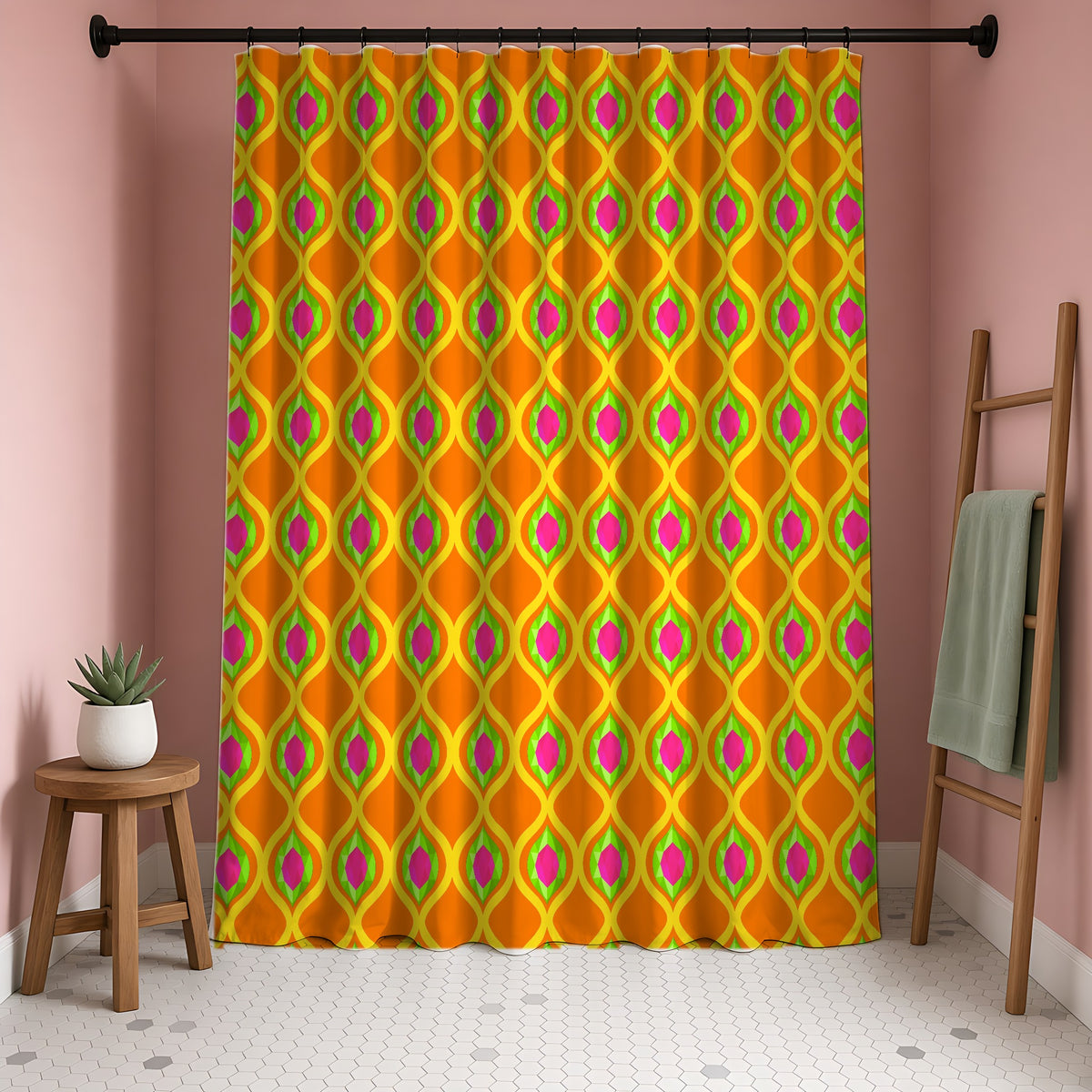 Grand Gold Ogee Lattice II Shower Curtain in a blush-pink bathroom