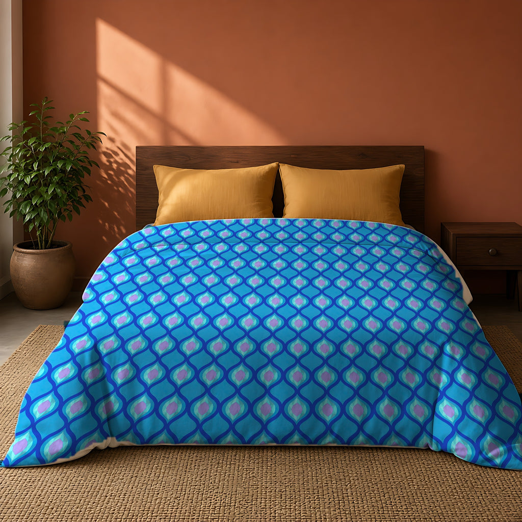 Grand Ogee Lattice II Comforter on a king bed against a warm terracotta wall