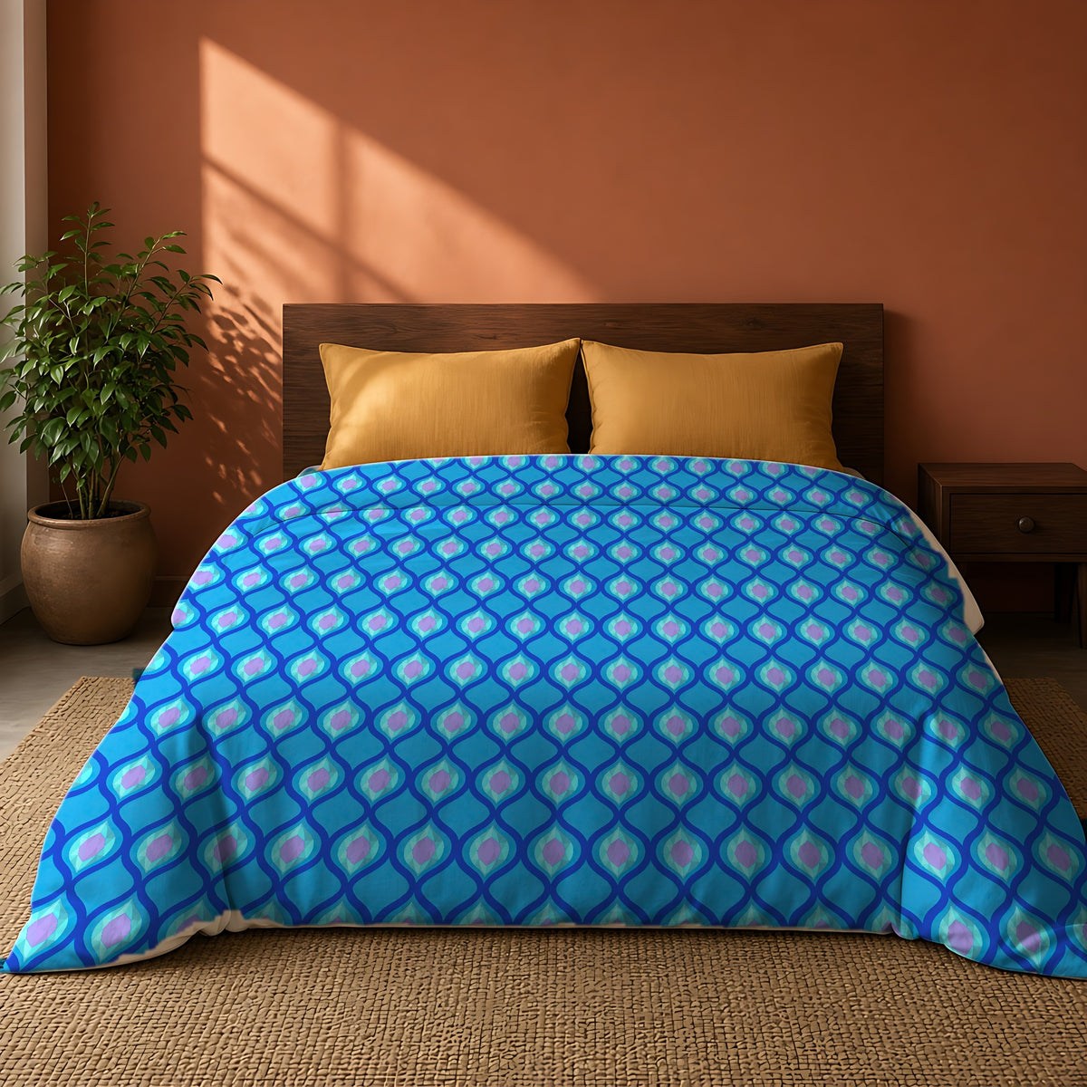 Grand Ogee Lattice II Comforter on a king bed against a warm terracotta wall