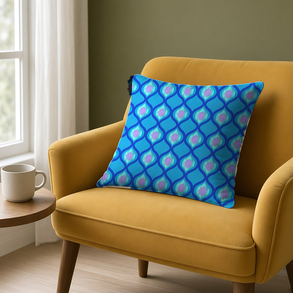 Grand Ogee Lattice II Faux Suede Cushion on a mustard armchair by a window